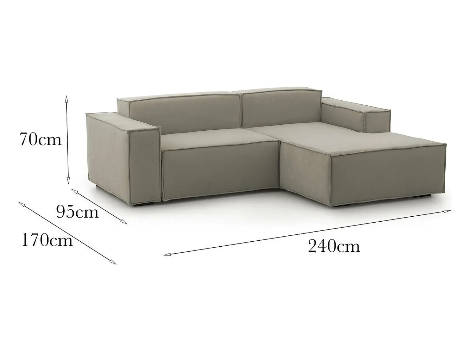 Talamo Italia Sofá fixo Dgatta, Sofá modular grande de 2 lugares com península direita, 100% Fabricado na Itália, Sofá de tecido moderno, 240x170h70 cm, Taupe Cinzento