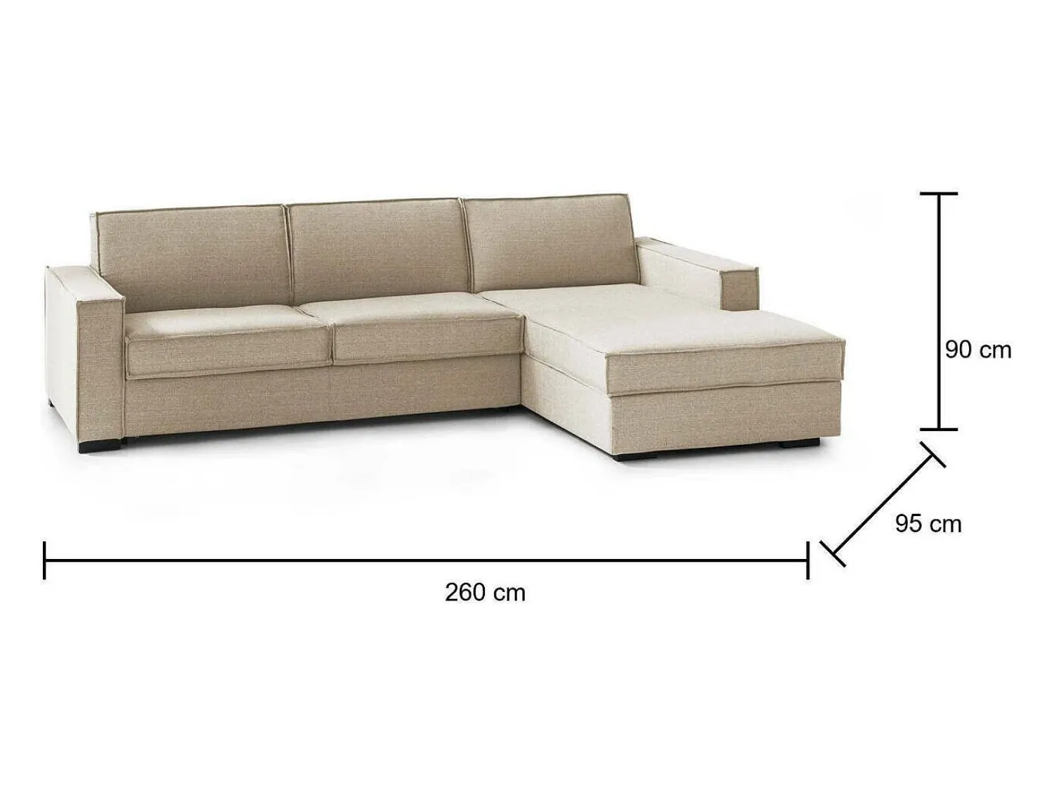 Sofá*Talamo Italia Sofá fixo Dgodea, Sofá de canto, 100% Fabricado na Itália, Sofá da sala com, Península direita, com braços finos, Cm 260x95h90, Bege
