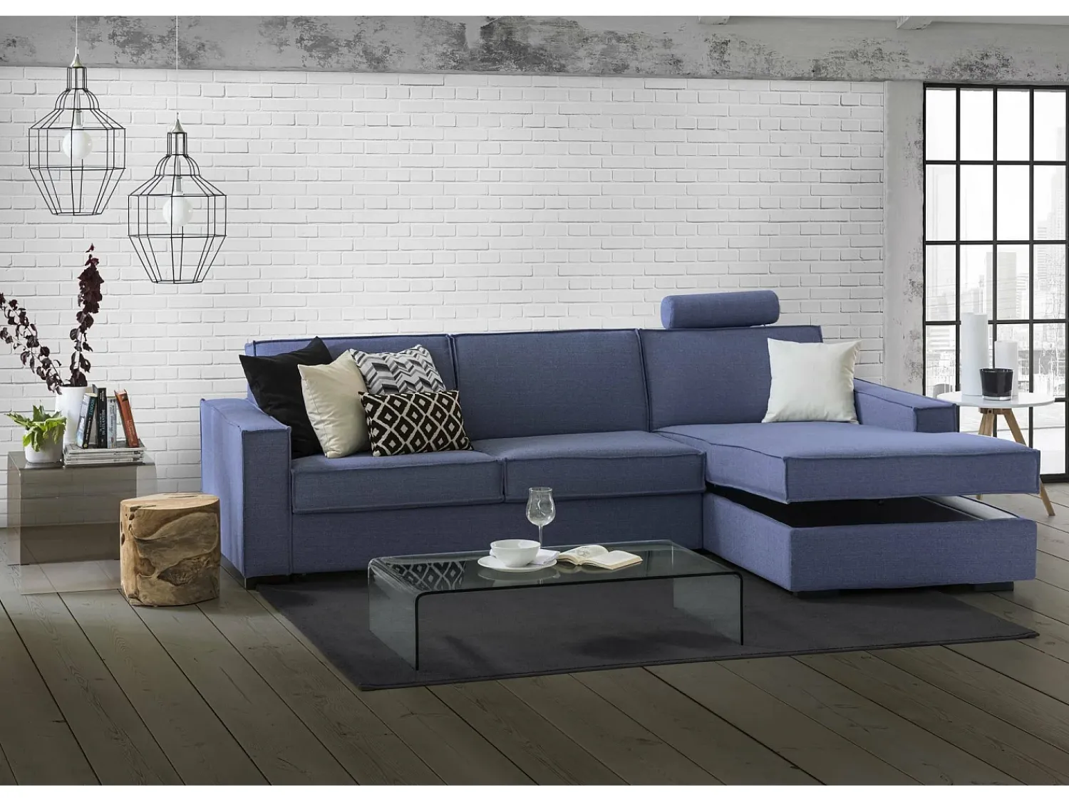 Sofá|Talamo Italia Sofá fixo Dgodea, Sofá de canto, 100% Fabricado na Itália, Sofá da sala com península direita de armazenamento, com braços finos, 260x95h90 cm, Azul