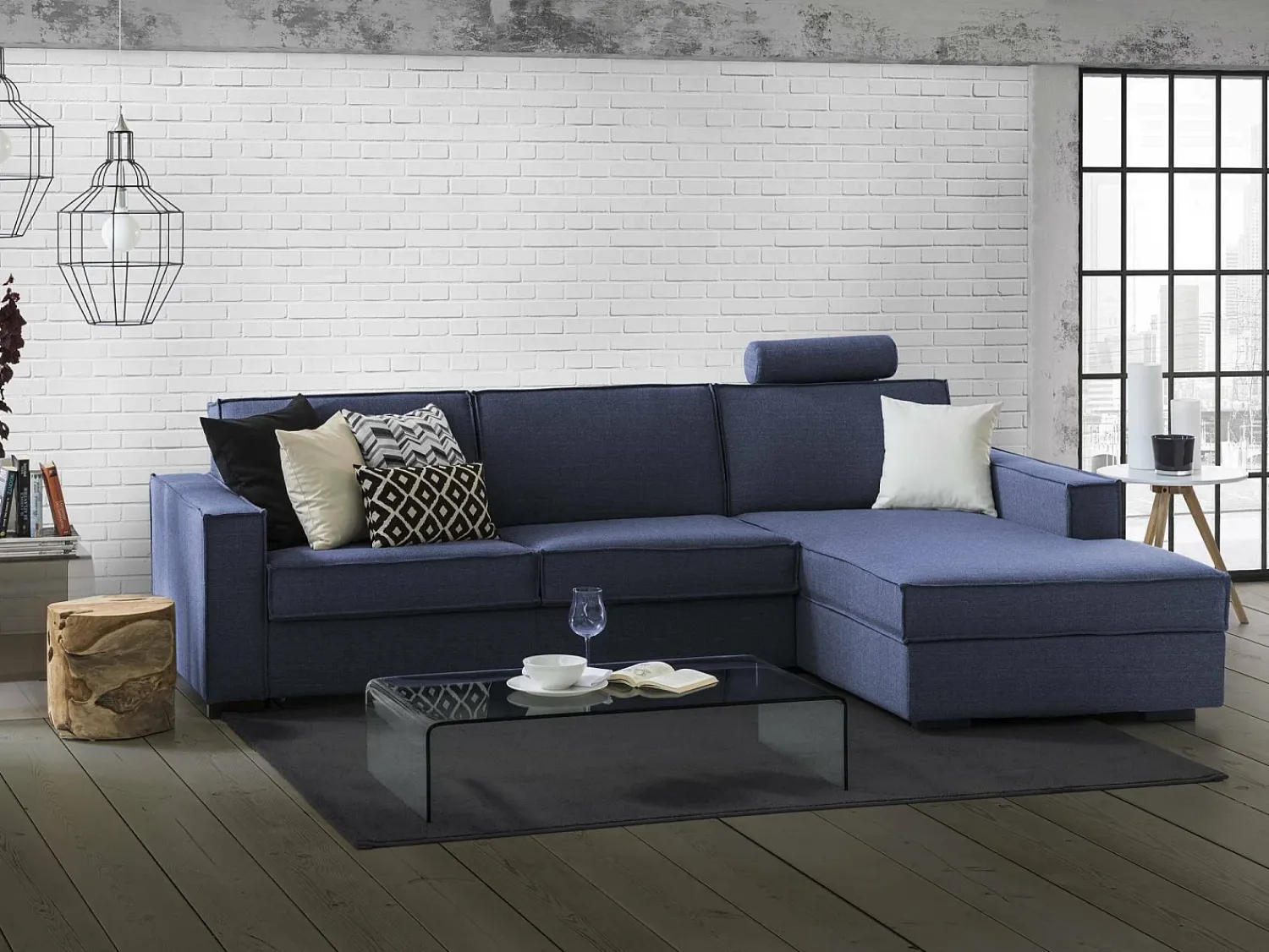 Sofá|Talamo Italia Sofá fixo Dgodea, Sofá de canto, 100% Fabricado na Itália, Sofá da sala com península direita de armazenamento, com braços finos, 260x95h90 cm, Azul