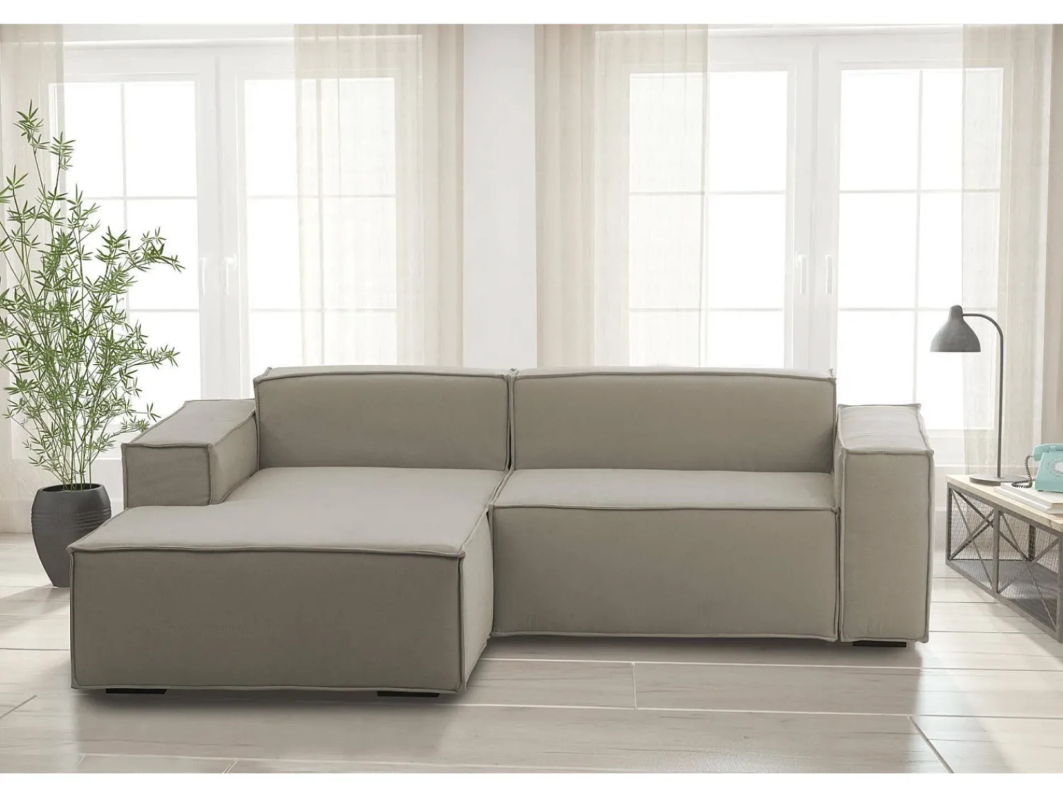 Talamo Italia Sofá fixo Dkivil, sofá modular de 2 lugares com península esquerda, 100% Fabricado na Itália, Sofá de tecido moderno, 220x170h70 cm, Taupe^ Sofá