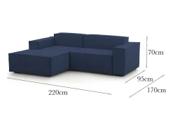 Sofá*Talamo Italia Sofá fixo Dkivil, sofá modular de 2 lugares com península esquerda, 100% Fabricado na Itália, Sofá de tecido moderno, 220x170h70 cm, Azul