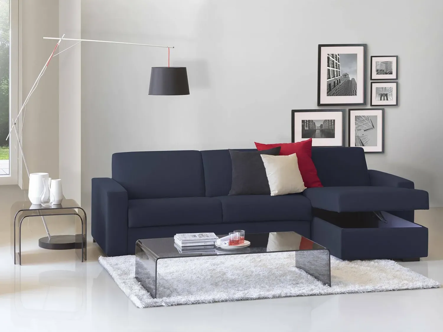Sofá|Talamo Italia Sofá fixo Dland, Sofá de canto, 100% Made in Italy, Sofá de ala, com penínula de arrumação reverível, em tecido acolchoado, com braço tandard, 280x95h90 cm, Azul