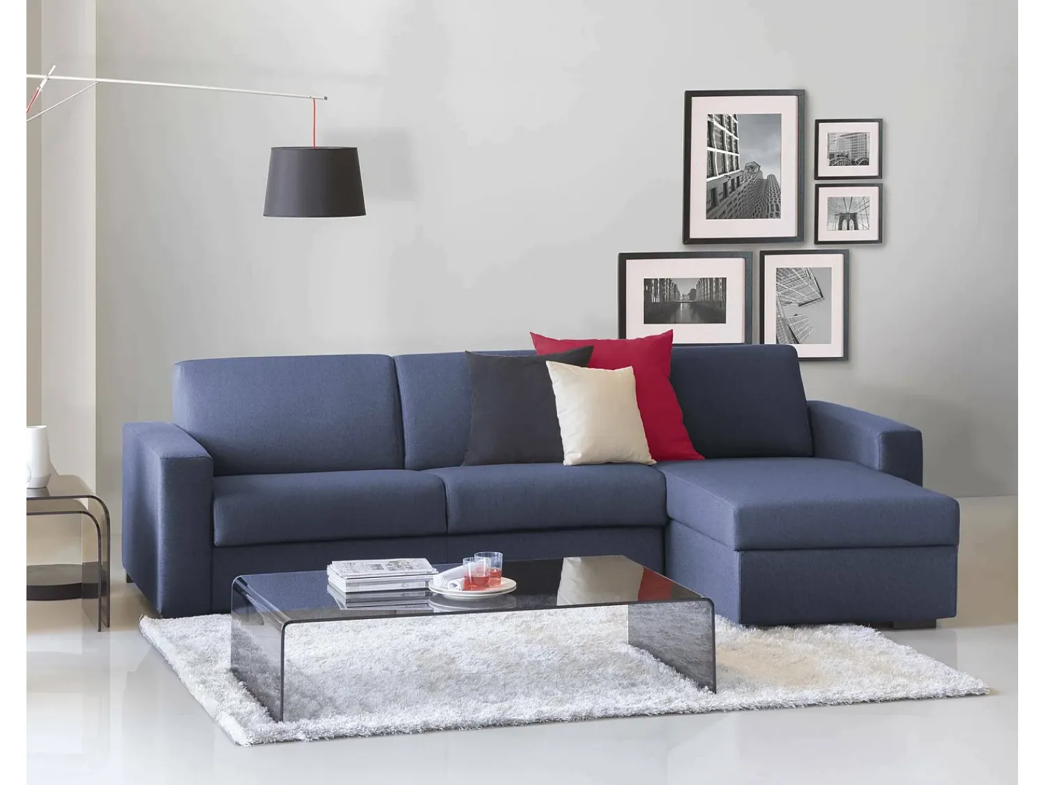 Sofá|Talamo Italia Sofá fixo Dland, Sofá de canto, 100% Made in Italy, Sofá de ala, com penínula de arrumação reverível, em tecido acolchoado, com braço tandard, 280x95h90 cm, Azul