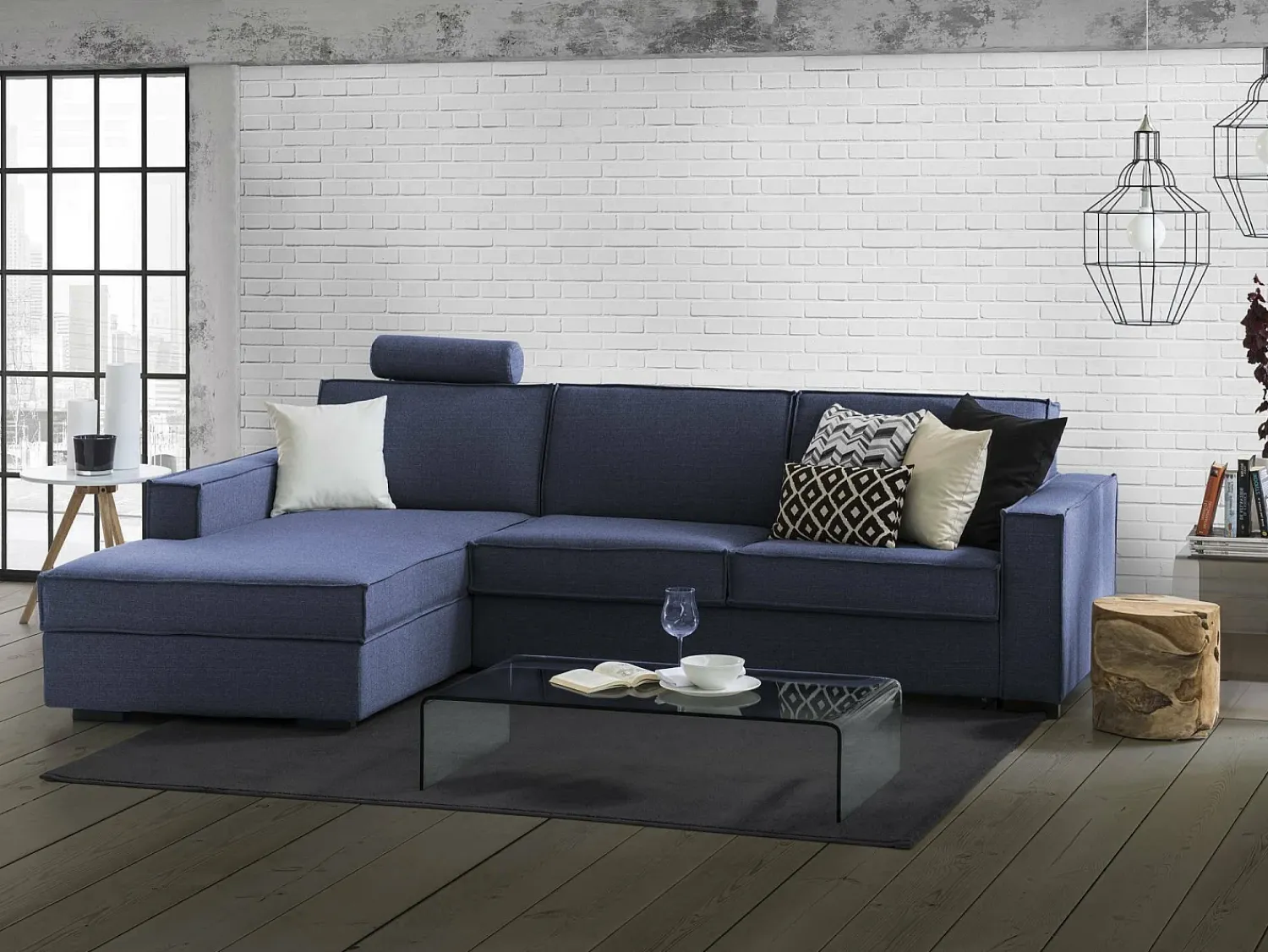 Sofá|Talamo Italia Sofá fixo Dlovis, Sofá de canto, 100% Fabricado na Itália, Sofá da sala com península esquerda, com braços finos, 260x95h90 cm, Azul