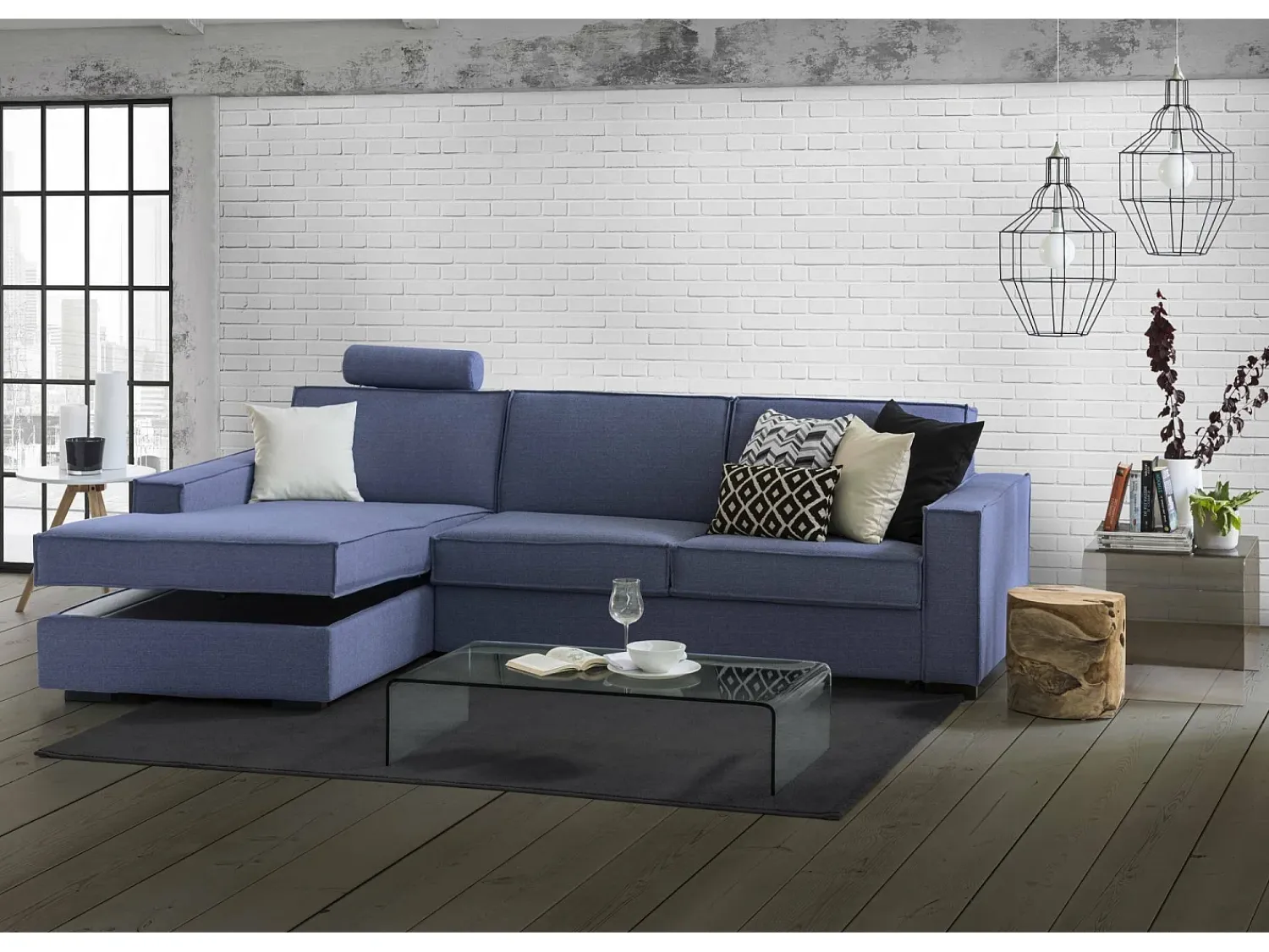 Sofá|Talamo Italia Sofá fixo Dlovis, Sofá de canto, 100% Fabricado na Itália, Sofá da sala com península esquerda, com braços finos, 260x95h90 cm, Azul