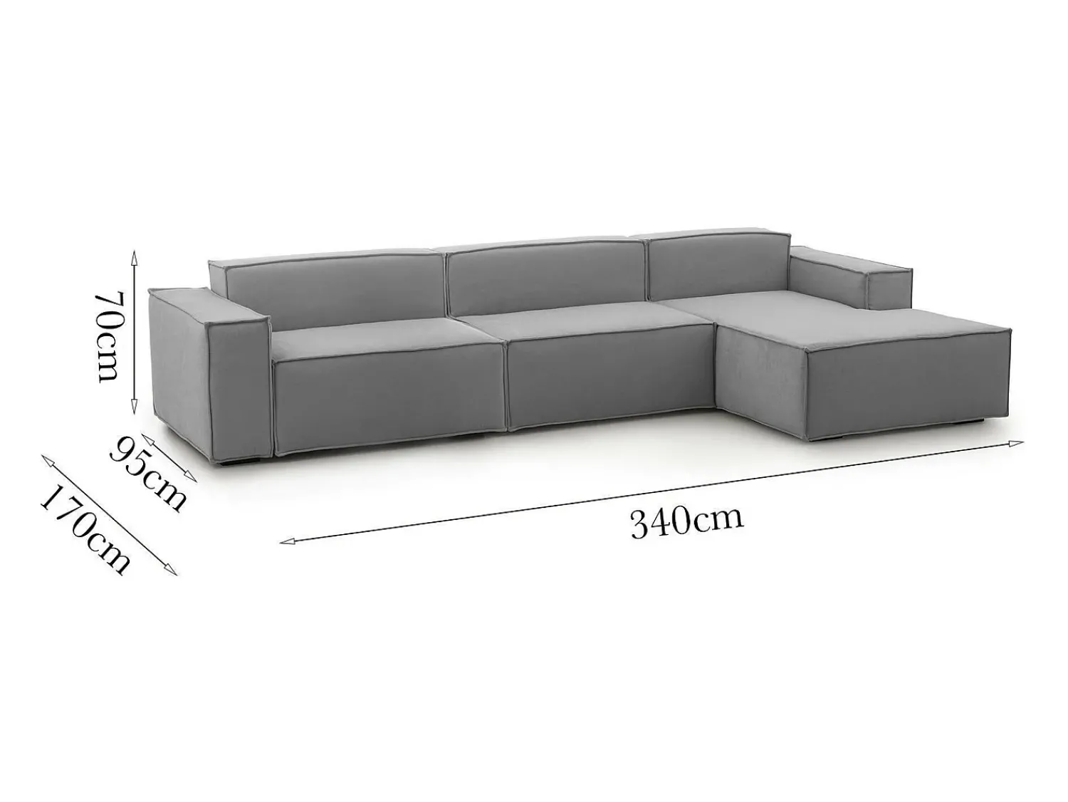 Discount Talamo Italia Sofá fixo Dmaiol, sofá modular de 4 lugares com península direita, 100% Fabricado na Itália, Sofá de tecido moderno, 340x170h70 cm, Cinza Cinzento