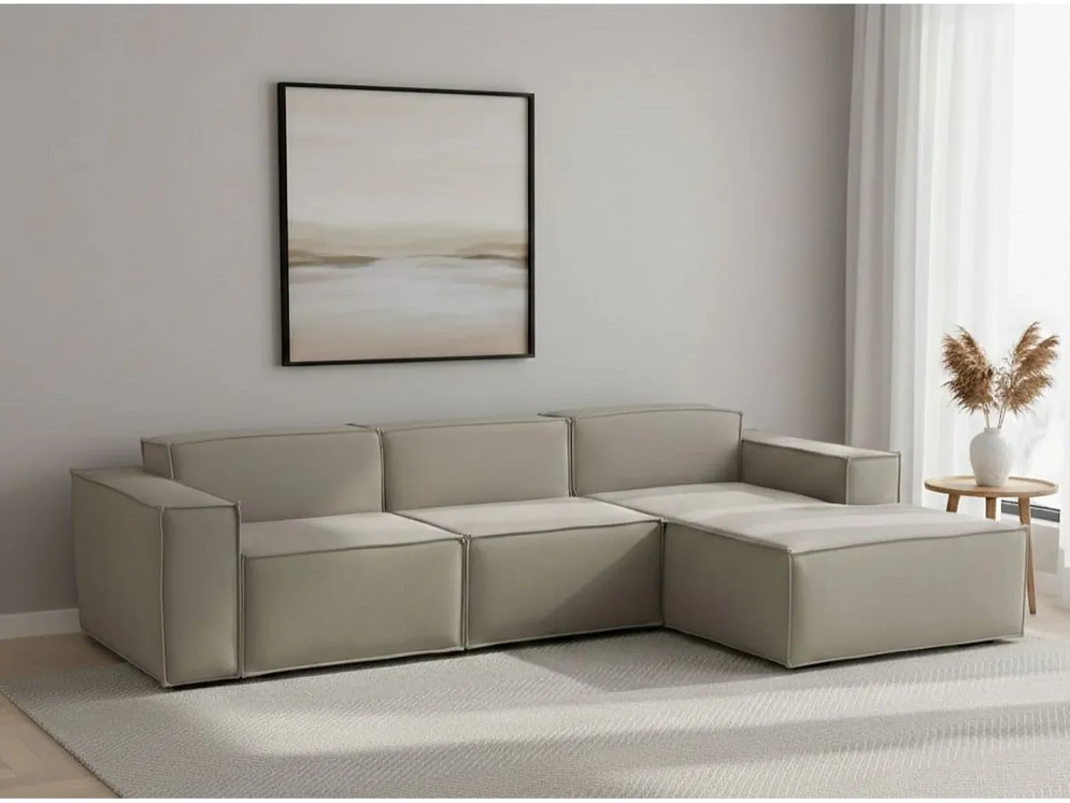 Outlet Talamo Italia Sofá fixo Giovanna, sofá modular de 3 lugares com península direita, 100% Made in Italy, Sofá de tecido moderno, 300x170h70 cm, Taupe Cinzento