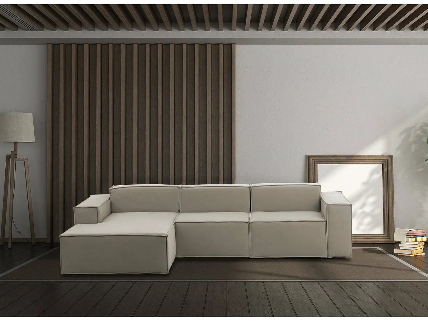 New Talamo Italia Sofá fixo Jessica, sofá modular de 3 lugares com península esquerda, 100% Fabricado na Itália, Sofá de tecido moderno, 300x170h70 cm, Taupe Cinzento