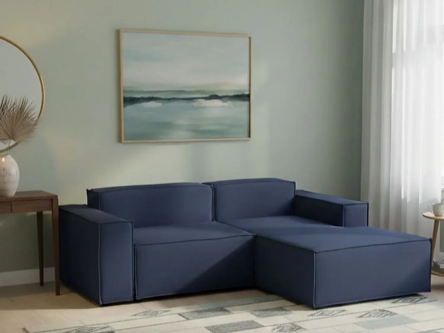 Sofá|Talamo Italia Sofá fixo Lidia, Sofá modular grande de 2 lugares com península direita, 100% Fabricado na Itália, Sofá de tecido moderno, 240x170h70 cm, Azul