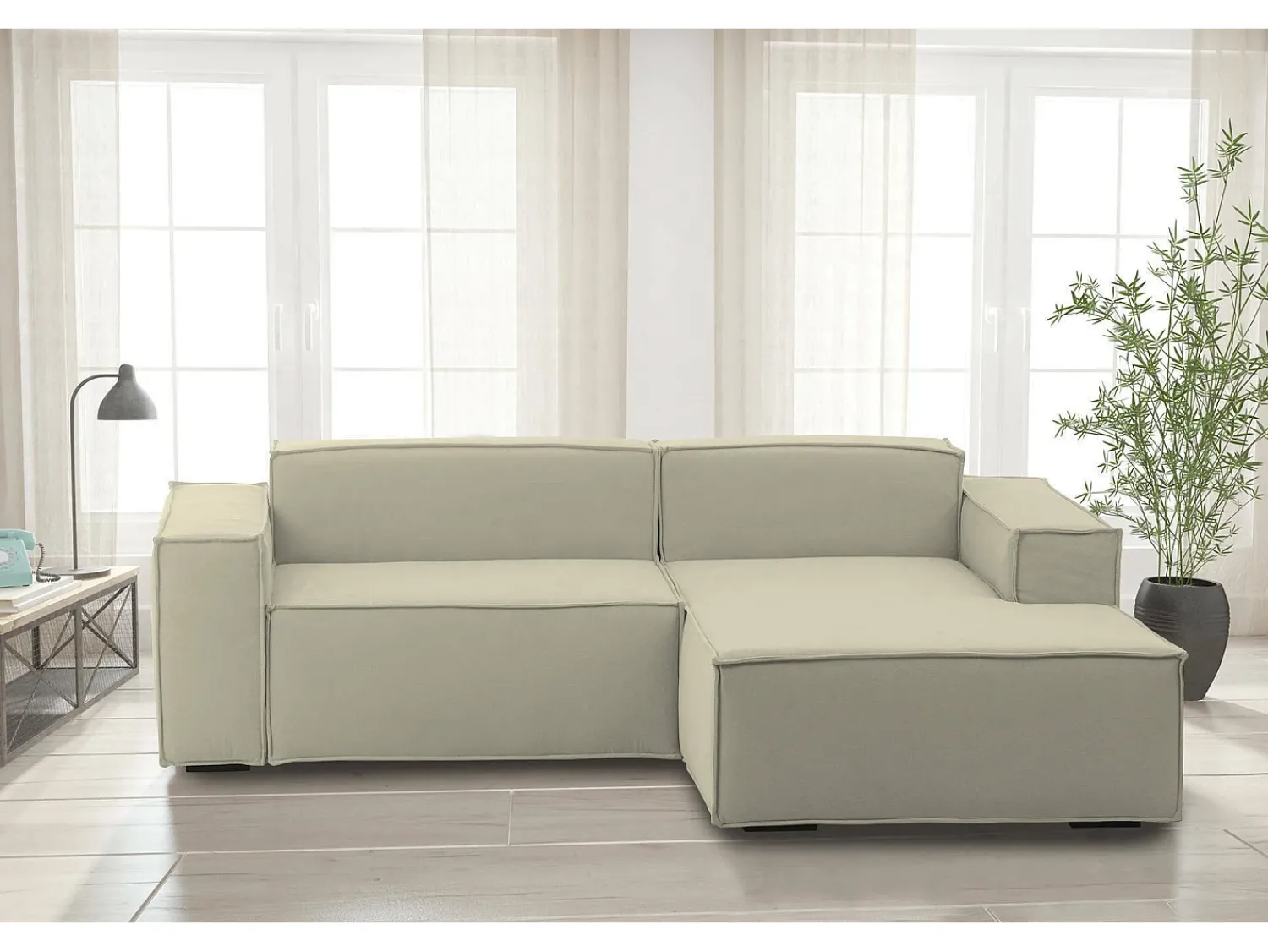New Talamo Italia Sofá fixo Lidia, Sofá modular grande de 2 lugares com península direita, 100% Fabricado na Itália, Sofá de tecido moderno, 240x170h70 cm, Bege
