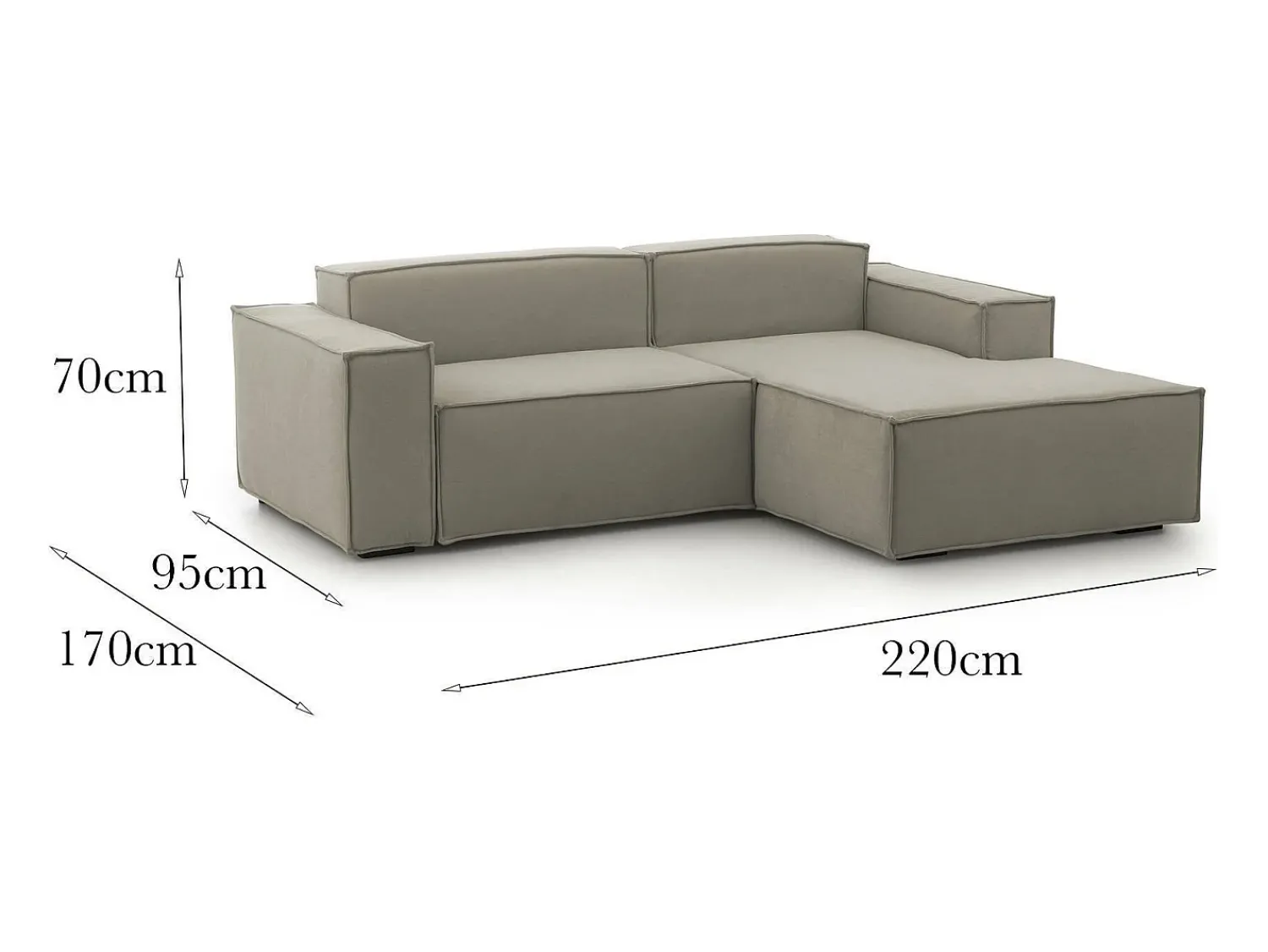 Talamo Italia Sofá fixo Patrizia, sofá modular de 2 lugares com península direita, 100% Fabricado na Itália, Sofá de tecido moderno, 220x170h70 cm, Taupe Cinzento