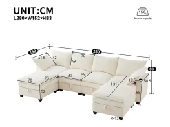 Sofá|ModernLuxe Sofá moderno - 4 lugares - Apoio de pés removível - Portas USB - Compartimentos de armazenamento + Porta-copos - Bege