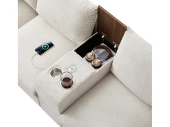 Sofá|ModernLuxe Sofá moderno - com console - 2 porta-copos - porta de carregamento USB - bolsos de armazenamento nos braços - com almofadas - Bege