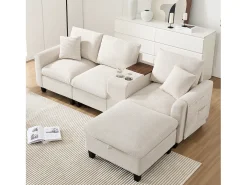 Sofá|ModernLuxe Sofá moderno - com console - 2 porta-copos - porta de carregamento USB - bolsos de armazenamento nos braços - com almofadas - Bege