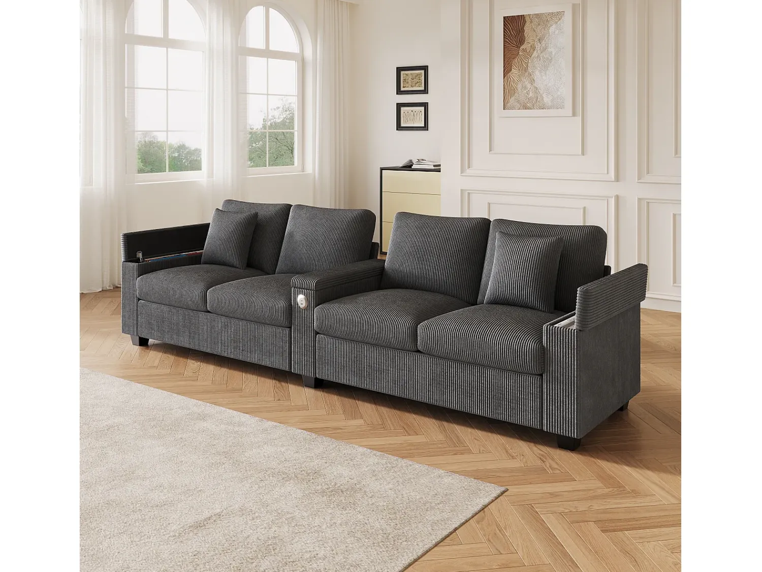 Sofá*ModernLuxe Sofá moderno 4 lugares - con apoio de braço central dobrável - con portas de carregamento USB/USB-C - Veludo canelado - cinza Cinzento