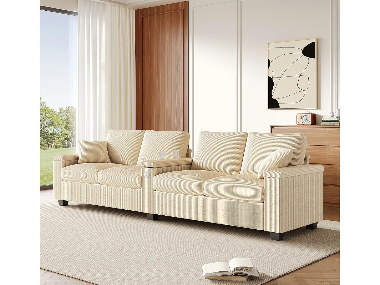 New ModernLuxe Sofá moderno 4 lugares - con apoio de braço central dobrável - con portas de carregamento USB/USB-C - Veludo canelado - Bege