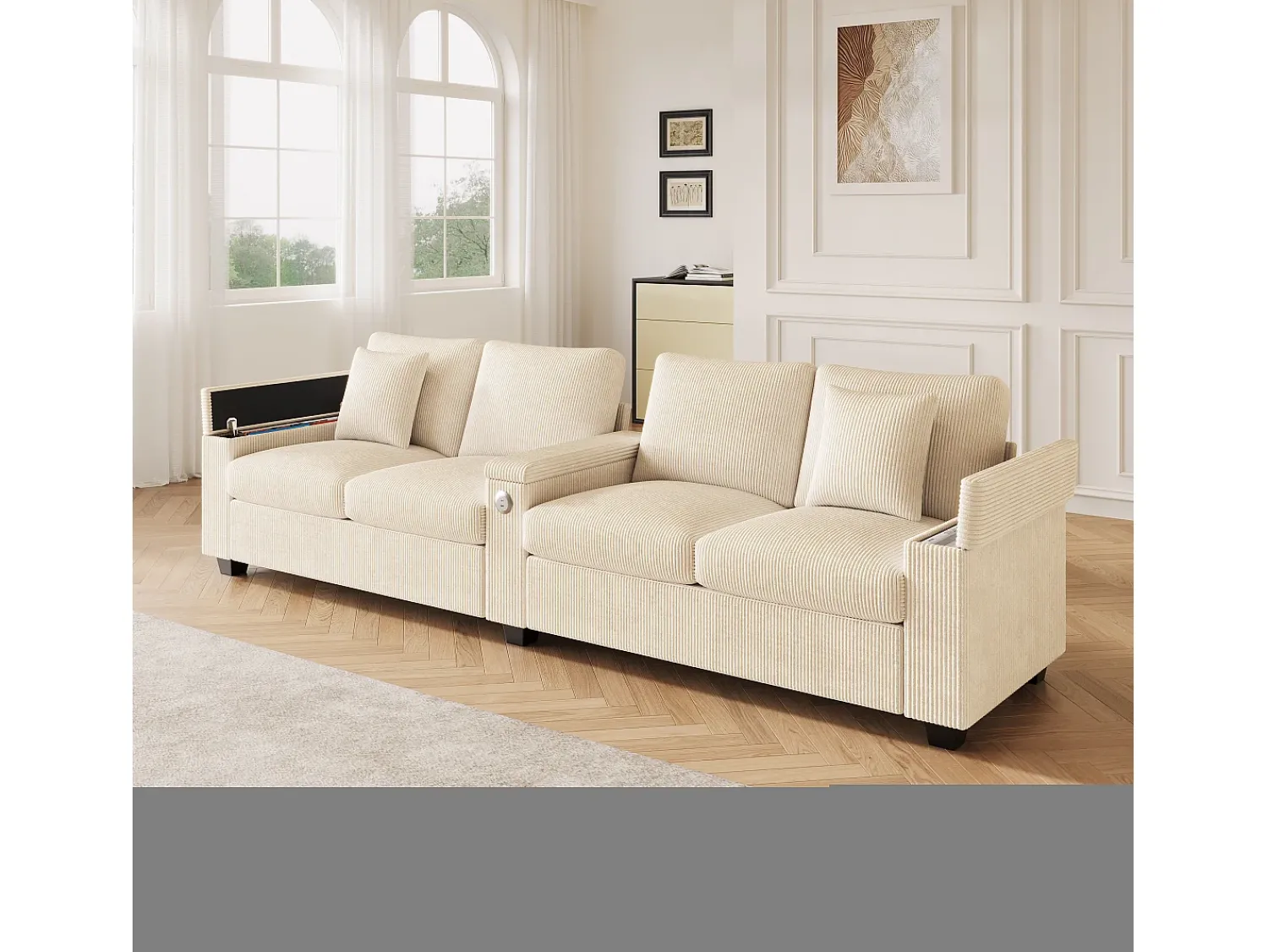 New ModernLuxe Sofá moderno 4 lugares - con apoio de braço central dobrável - con portas de carregamento USB/USB-C - Veludo canelado - Bege