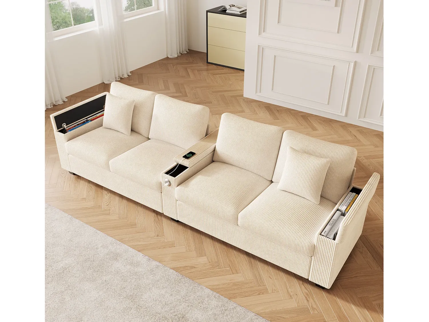 New ModernLuxe Sofá moderno 4 lugares - con apoio de braço central dobrável - con portas de carregamento USB/USB-C - Veludo canelado - Bege