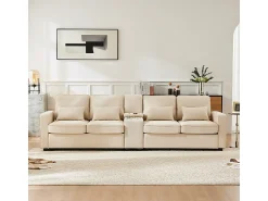 DripeX Sofá moderno 4 lugares em linho - com USB e porta-copos - 4 almofadas - 290x83x88cm -^ Sofá