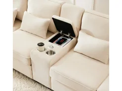 DripeX Sofá moderno 4 lugares em linho - com USB e porta-copos - 4 almofadas - 290x83x88cm -^ Sofá
