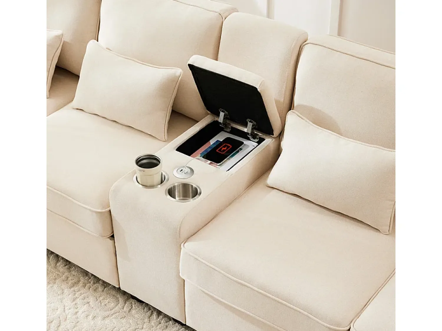 DripeX Sofá moderno 4 lugares em linho - com USB e porta-copos - 4 almofadas - 290x83x88cm -^ Sofá