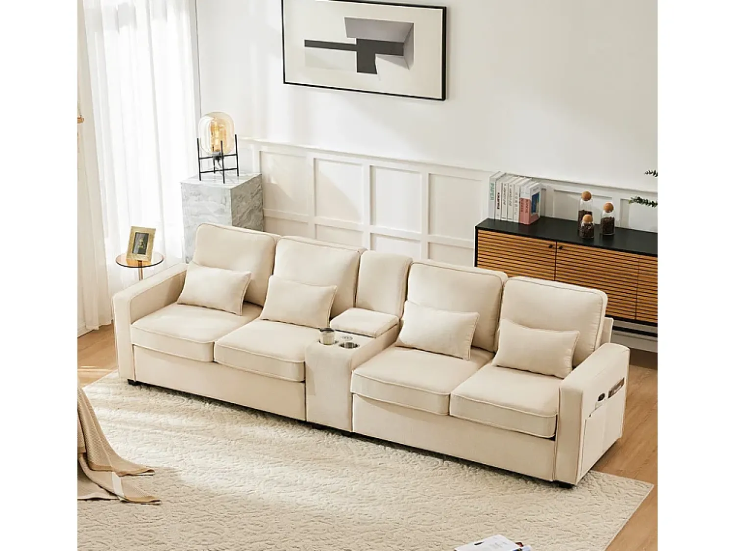 DripeX Sofá moderno 4 lugares em linho - com USB e porta-copos - 4 almofadas - 290x83x88cm -^ Sofá