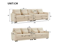 DripeX Sofá moderno 4 lugares em linho - com USB e porta-copos - 4 almofadas - 290x83x88cm -^ Sofá