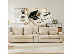 DripeX Sofá moderno 4 lugares em linho - com USB e porta-copos - 4 almofadas - 290x83x88cm -^ Sofá