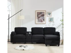 New Merax Sofá moderno de 3 lugares - 266 x 136 x 82 cm - com 2 porta-copos + porta USB-C + gaveta + pufe removível com espaço de armazenamento - veludo - Preto
