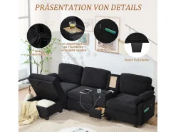 New Merax Sofá moderno de 3 lugares - 266 x 136 x 82 cm - com 2 porta-copos + porta USB-C + gaveta + pufe removível com espaço de armazenamento - veludo - Preto