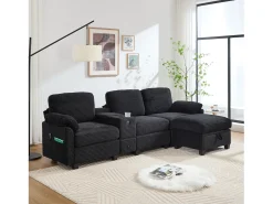 New Merax Sofá moderno de 3 lugares - 266 x 136 x 82 cm - com 2 porta-copos + porta USB-C + gaveta + pufe removível com espaço de armazenamento - veludo - Preto