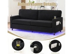 Online Merax Sofá moderno de 2 lugares - 203 x 77,5 x 85 cm - com USB-C + LEDs + porta-copos e bolsos laterais - veludo - Preto