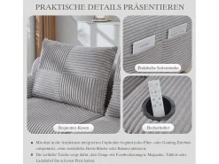 Sofá*Merax Sofá moderno de 2 lugares - 200 x 99 x 80 cm - com porta-copos + bolso de arrumação - veludo - cinza claro Cinzento claro