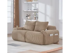 Online Merax Sofá moderno de 2 lugares - 200 x 99 x 80 cm - com porta-copos + bolso de arrumação - veludo - cáqui Caqui