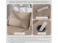 Online Merax Sofá moderno de 2 lugares - 200 x 99 x 80 cm - com porta-copos + bolso de arrumação - veludo - cáqui Caqui