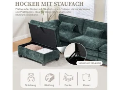 Outlet Merax Sofá moderno de 3 lugares - 279 x 83 x 85 cm - com porta USB, bolso lateral e apoio para os pés com espaço de armazenamento - veludo - Verde