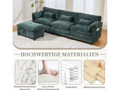 Outlet Merax Sofá moderno de 3 lugares - 279 x 83 x 85 cm - com porta USB, bolso lateral e apoio para os pés com espaço de armazenamento - veludo - Verde