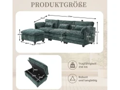 Outlet Merax Sofá moderno de 3 lugares - 279 x 83 x 85 cm - com porta USB, bolso lateral e apoio para os pés com espaço de armazenamento - veludo - Verde
