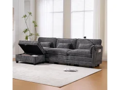 Sofá*Merax Sofá moderno de 3 lugares - 279 x 83 x 85 cm - com porta USB + bolso lateral + apoio para os pés com espaço de armazenamento - veludo - cinza Cinzento