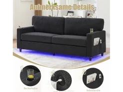 Merax Sofá moderno de 2 lugares - 203 x 77,5 x 85 cm - com USB-C + LEDs + porta-copos e bolsos laterais - veludo - cinza escuro^ Sofá