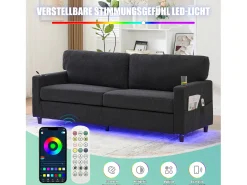 Merax Sofá moderno de 2 lugares - 203 x 77,5 x 85 cm - com USB-C + LEDs + porta-copos e bolsos laterais - veludo - cinza escuro^ Sofá