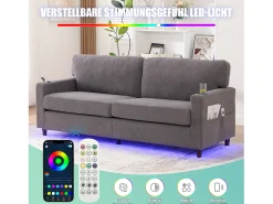 Sofá|Merax Sofá moderno de 2 lugares - 203 x 77,5 x 85 cm - com USB-C + LEDs + porta-copos e bolsos laterais - veludo - cinza claro Cinzento claro