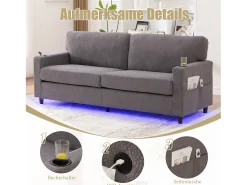 Sofá|Merax Sofá moderno de 2 lugares - 203 x 77,5 x 85 cm - com USB-C + LEDs + porta-copos e bolsos laterais - veludo - cinza claro Cinzento claro