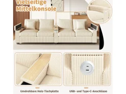 Merax Sofá moderno de 4 lugares - 299 x 80 x 82,7 cm - com porta USB, apoio de braço dobrável e espaço de armazenamento oculto - veludo -^ Sofá