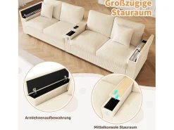 Merax Sofá moderno de 4 lugares - 299 x 80 x 82,7 cm - com porta USB, apoio de braço dobrável e espaço de armazenamento oculto - veludo -^ Sofá