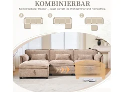 Sofá|Merax Sofá moderno de 3 lugares - 279 x 83 x 85 cm - com porta USB, bolso lateral e apoio para os pés com espaço de armazenamento - veludo - cáqui Caqui