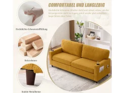 New Merax Sofá moderno de 2 lugares - 203 x 77,5 x 85 cm - com USB-C + LEDs + porta-copos e bolsos laterais - veludo - Amarelo