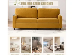 New Merax Sofá moderno de 2 lugares - 203 x 77,5 x 85 cm - com USB-C + LEDs + porta-copos e bolsos laterais - veludo - Amarelo
