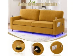 New Merax Sofá moderno de 2 lugares - 203 x 77,5 x 85 cm - com USB-C + LEDs + porta-copos e bolsos laterais - veludo - Amarelo